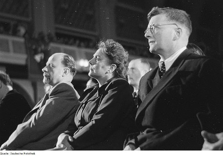 Photo of Shostakovich attending the Bach Festival in Leipzig 1950, sitting next to Walter and Lotte Ulbricht